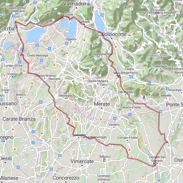 Zemljevid v pomanjšavi "Dolga gravelna pustolovščina po Lombardiji" kolesarske inspiracije v Lombardia, Italy. Generirano z načrtovalcem kolesarskih poti Tarmacs.app