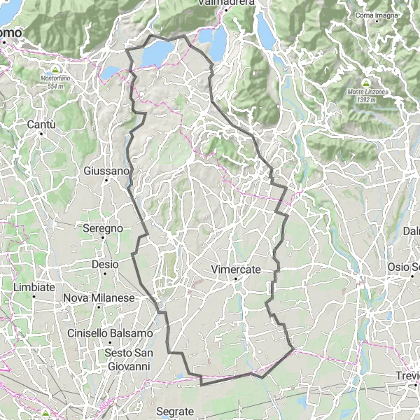 Miniatura della mappa di ispirazione al ciclismo "Avventura ciclistica tra Longone al Segrino e Penzano" nella regione di Lombardia, Italy. Generata da Tarmacs.app, pianificatore di rotte ciclistiche