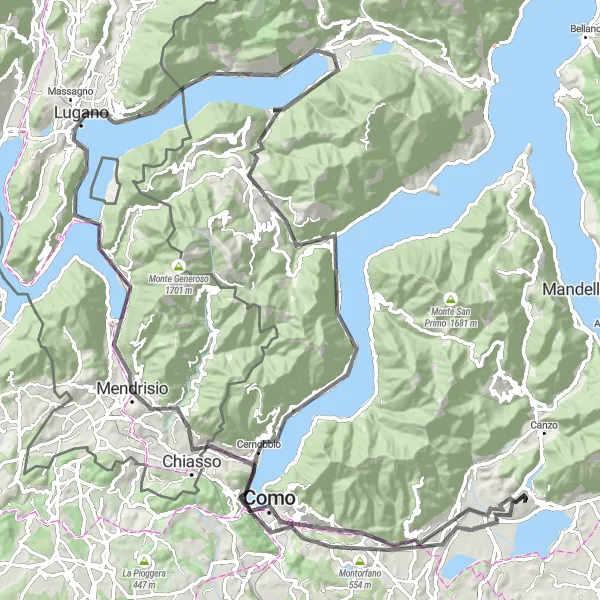 Mapa miniatúra "Okolo jezera Como" cyklistická inšpirácia v Lombardia, Italy. Vygenerované cyklistickým plánovačom trás Tarmacs.app