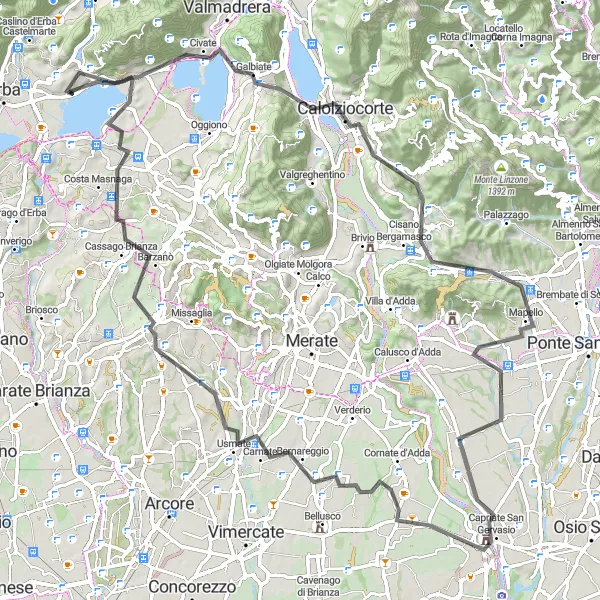 Miniatura della mappa di ispirazione al ciclismo "Sulle Colline Bergamasche e Lago di Como" nella regione di Lombardia, Italy. Generata da Tarmacs.app, pianificatore di rotte ciclistiche