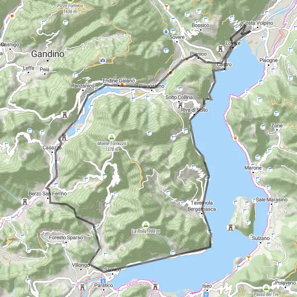 Map miniature of "Lake Iseo and Bergamo Loop" cycling inspiration in Lombardia, Italy. Generated by Tarmacs.app cycling route planner