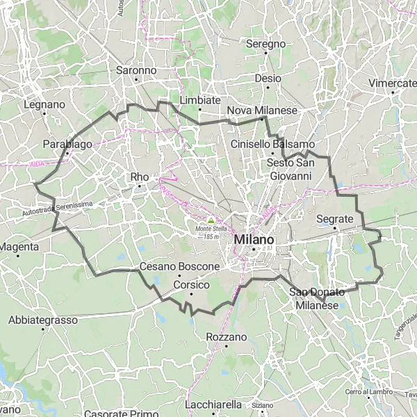 Mapa miniatúra "Road okruh cez San Donato Milanese a Pioltello" cyklistická inšpirácia v Lombardia, Italy. Vygenerované cyklistickým plánovačom trás Tarmacs.app