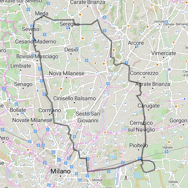 Miniatura della mappa di ispirazione al ciclismo "Pedalata tra Milano e Seregno" nella regione di Lombardia, Italy. Generata da Tarmacs.app, pianificatore di rotte ciclistiche