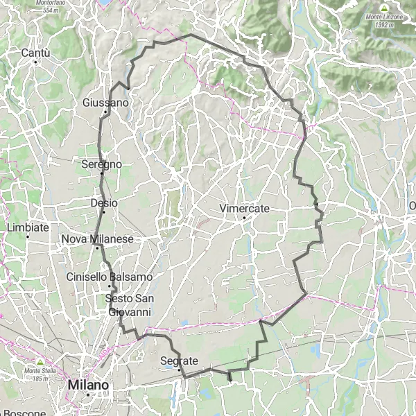 Kartminiatyr av "Lombardia Loop through Lucino-Rodano" sykkelinspirasjon i Lombardia, Italy. Generert av Tarmacs.app sykkelrutoplanlegger