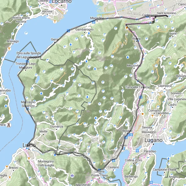 Kartminiatyr av "Opplev Pino sulla Sponda del Lago Maggiore og Monte San Giorgio" sykkelinspirasjon i Lombardia, Italy. Generert av Tarmacs.app sykkelrutoplanlegger