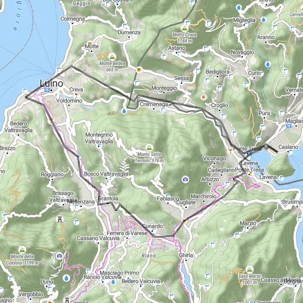 Zemljevid v pomanjšavi "Cikel začne v Luinu in poteka okoli 37 km" kolesarske inspiracije v Lombardia, Italy. Generirano z načrtovalcem kolesarskih poti Tarmacs.app