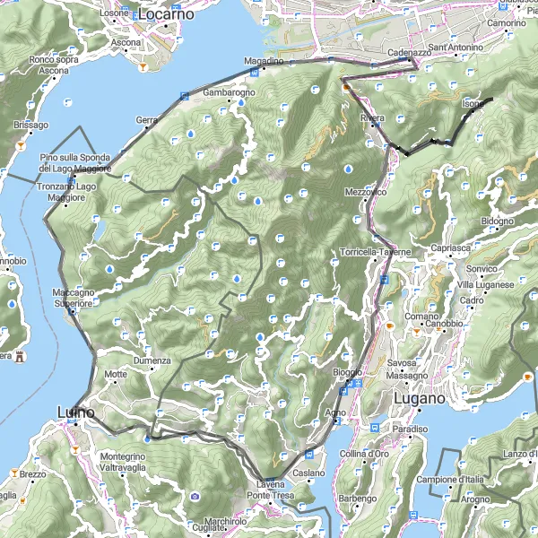 Kartminiatyr av "Gjennom Pino sulla Sponda del Lago Maggiore og Cremenaga" sykkelinspirasjon i Lombardia, Italy. Generert av Tarmacs.app sykkelrutoplanlegger
