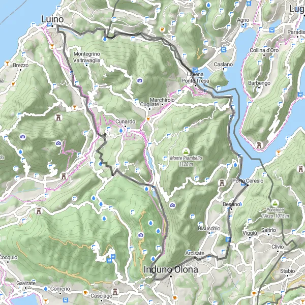 Miniaturní mapa "Cyklistická cesta okolo Luina" inspirace pro cyklisty v oblasti Lombardia, Italy. Vytvořeno pomocí plánovače tras Tarmacs.app