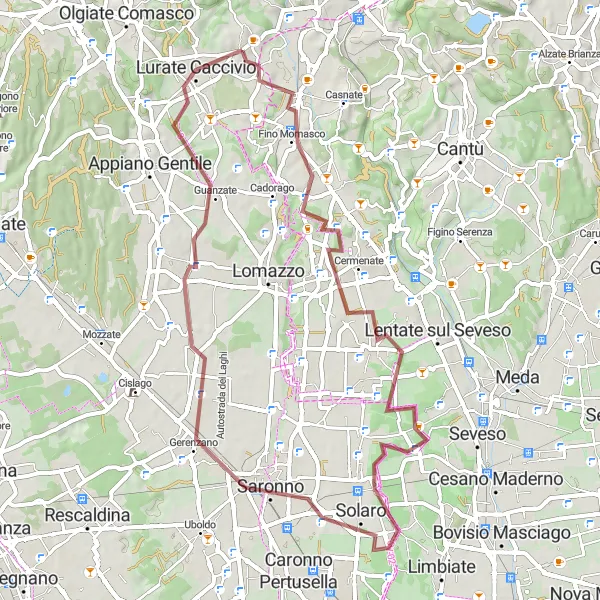 Mapa miniatúra "Gravel okruh cez Luisago, Bregnano, Ceriano Laghetto, Fenegrò a Lurate Caccivio" cyklistická inšpirácia v Lombardia, Italy. Vygenerované cyklistickým plánovačom trás Tarmacs.app