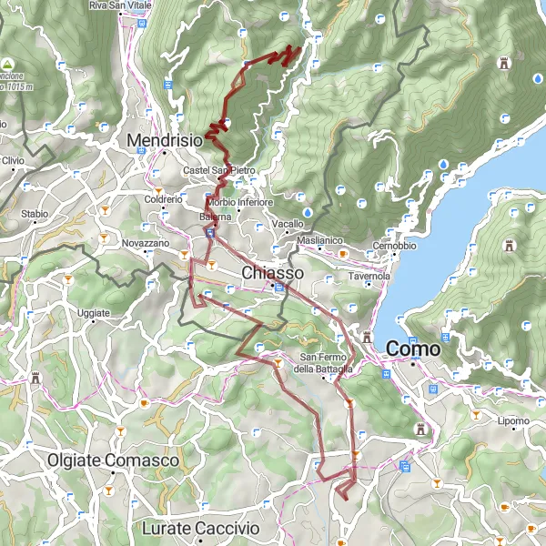 Miniatura della mappa di ispirazione al ciclismo "Itinerario lungo 55 km con bici da gravel vicino a Luisago" nella regione di Lombardia, Italy. Generata da Tarmacs.app, pianificatore di rotte ciclistiche