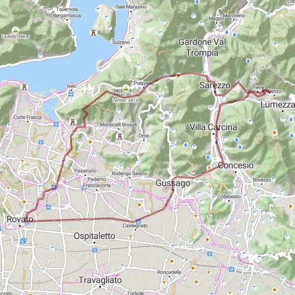 Map miniature of "Rovato and Passo della Forcella" cycling inspiration in Lombardia, Italy. Generated by Tarmacs.app cycling route planner