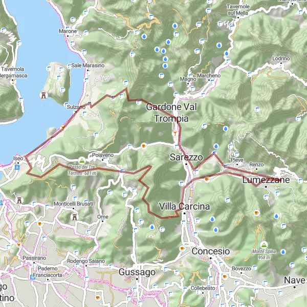 Zemljevid v pomanjšavi "Villa Carcina - Belvedere Gravel Adventure" kolesarske inspiracije v Lombardia, Italy. Generirano z načrtovalcem kolesarskih poti Tarmacs.app
