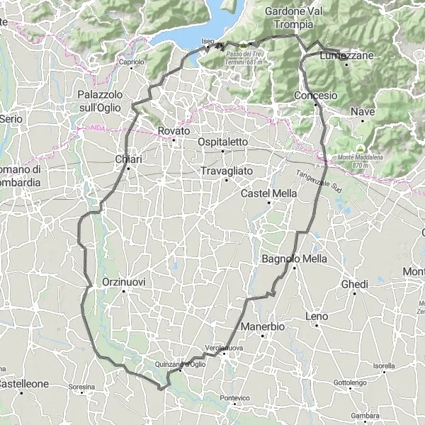 Zemljevid v pomanjšavi "Lumezzane - Monte Orfano Loop" kolesarske inspiracije v Lombardia, Italy. Generirano z načrtovalcem kolesarskih poti Tarmacs.app