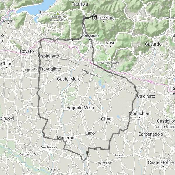 Miniatuurkaart van de fietsinspiratie "Uitdagende wegroute met panoramische hoogtepunten" in Lombardia, Italy. Gemaakt door de Tarmacs.app fietsrouteplanner