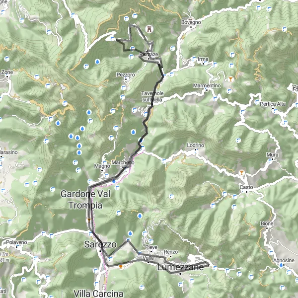 Zemljevid v pomanjšavi "Lumezzane - Dosso della Guarda - Premiano" kolesarske inspiracije v Lombardia, Italy. Generirano z načrtovalcem kolesarskih poti Tarmacs.app