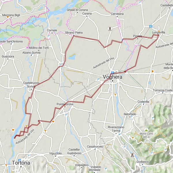 Map miniature of "Gravel adventure from Lungavilla to Voghera" cycling inspiration in Lombardia, Italy. Generated by Tarmacs.app cycling route planner