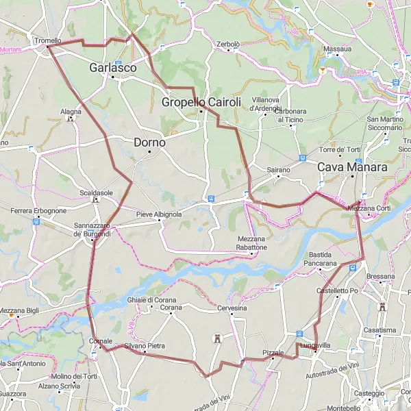Miniatua del mapa de inspiración ciclista "Ruta de ciclismo de gravilla Lungavilla - Gropello Cairoli" en Lombardia, Italy. Generado por Tarmacs.app planificador de rutas ciclistas