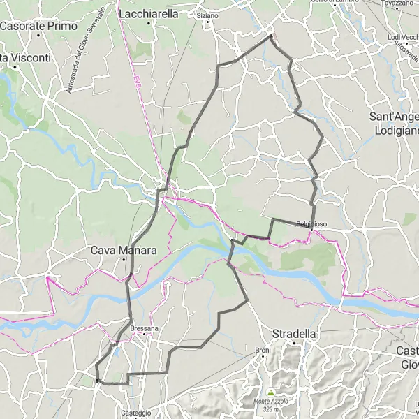 Miniaturní mapa "Okružní cyklistická trasa Lungavilla" inspirace pro cyklisty v oblasti Lombardia, Italy. Vytvořeno pomocí plánovače tras Tarmacs.app