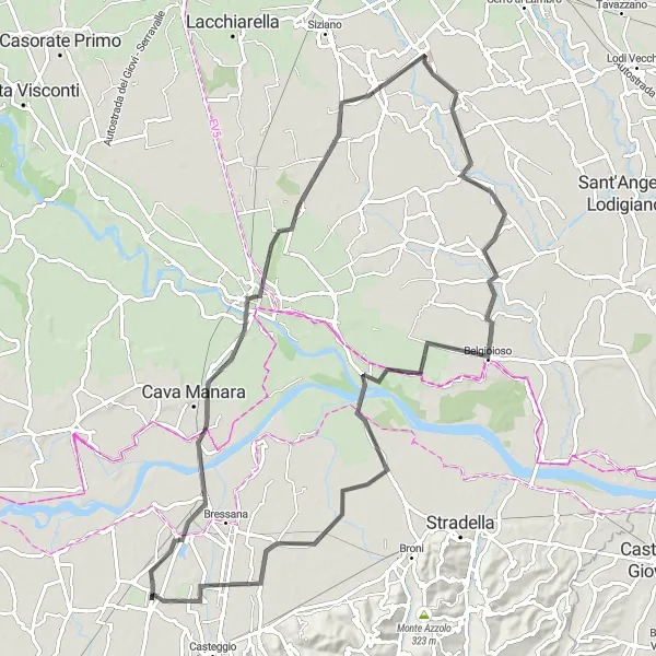 Map miniature of "Cava Manara and Belgioioso Circuit" cycling inspiration in Lombardia, Italy. Generated by Tarmacs.app cycling route planner