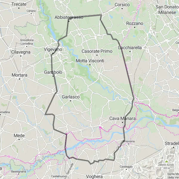 Kartminiatyr av "Lungavilla til Pavia: Veien på landeveien" sykkelinspirasjon i Lombardia, Italy. Generert av Tarmacs.app sykkelrutoplanlegger