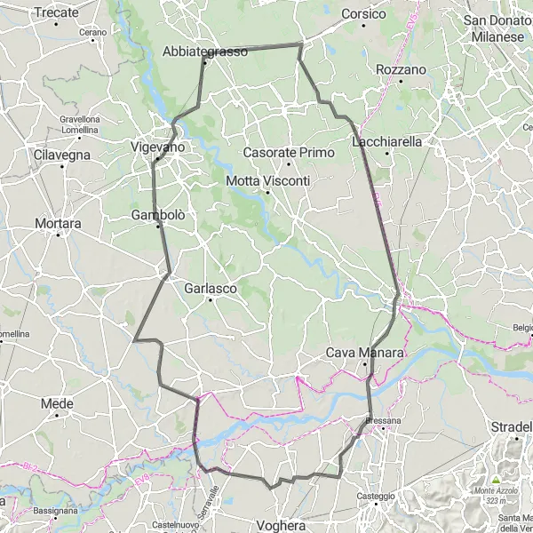 Mapa miniatúra "Cyklistický okruh Lungavilla" cyklistická inšpirácia v Lombardia, Italy. Vygenerované cyklistickým plánovačom trás Tarmacs.app