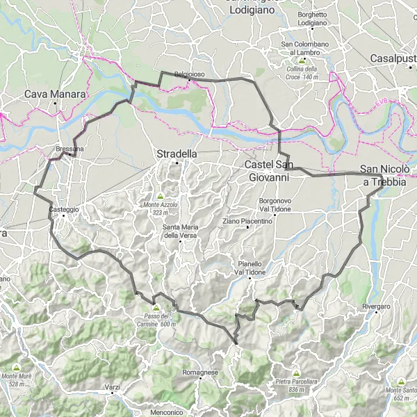 Miniatuurkaart van de fietsinspiratie "Lungavilla naar Verrua Po en terug" in Lombardia, Italy. Gemaakt door de Tarmacs.app fietsrouteplanner