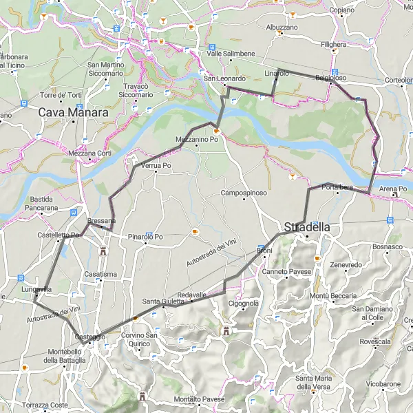 Zemljevid v pomanjšavi "Pot okoli Casteggia" kolesarske inspiracije v Lombardia, Italy. Generirano z načrtovalcem kolesarskih poti Tarmacs.app