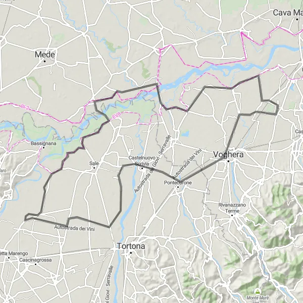 Karttaminiaatyyri "Pontecurone - Piovera - Cervesina - Lungavilla" pyöräilyinspiraatiosta alueella Lombardia, Italy. Luotu Tarmacs.app pyöräilyreittisuunnittelijalla