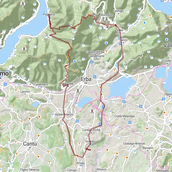 Miniatura della mappa di ispirazione al ciclismo "Tra montagne e valli: escursione di 66 km in collina" nella regione di Lombardia, Italy. Generata da Tarmacs.app, pianificatore di rotte ciclistiche