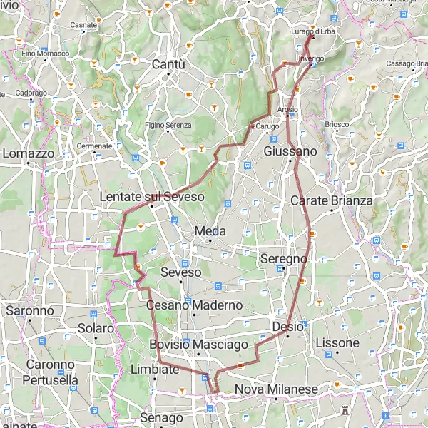 Mapa miniatúra "Gravelový okruh cez Inverigo, Desio, Limbiate, Lentate sul Seveso, Mariano Comense a Cremnago" cyklistická inšpirácia v Lombardia, Italy. Vygenerované cyklistickým plánovačom trás Tarmacs.app