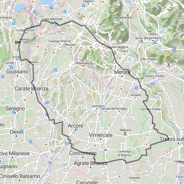 Zemljevid v pomanjšavi "Krožna pot do Monte Robbia" kolesarske inspiracije v Lombardia, Italy. Generirano z načrtovalcem kolesarskih poti Tarmacs.app