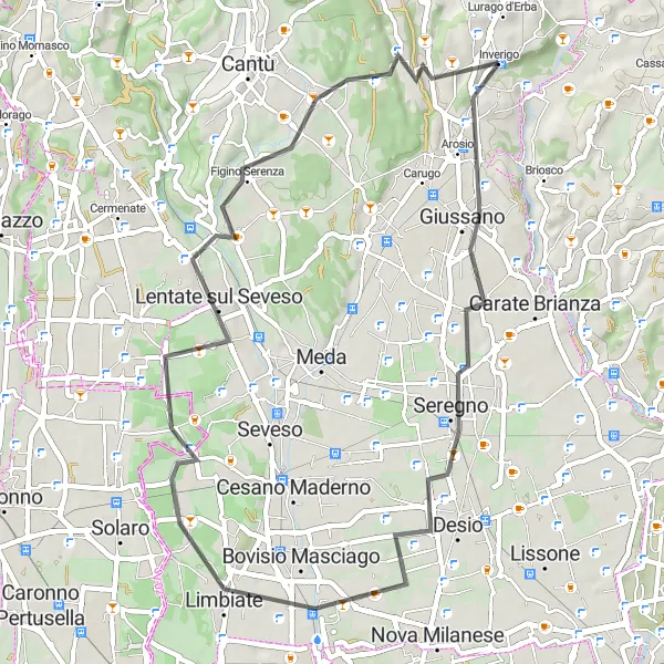 Miniatura della mappa di ispirazione al ciclismo "Giro in bicicletta da Lurago d'Erba" nella regione di Lombardia, Italy. Generata da Tarmacs.app, pianificatore di rotte ciclistiche
