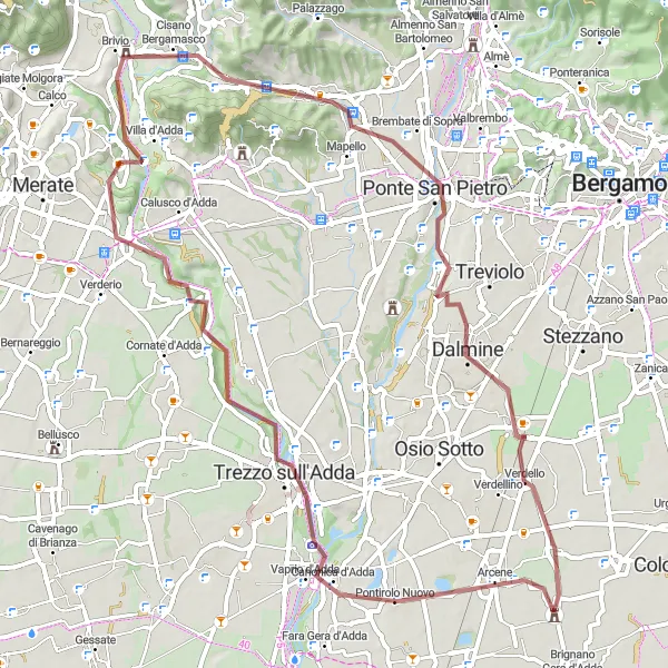 Karttaminiaatyyri "Trezzo sull'Adda - Levate Gravel Tour" pyöräilyinspiraatiosta alueella Lombardia, Italy. Luotu Tarmacs.app pyöräilyreittisuunnittelijalla