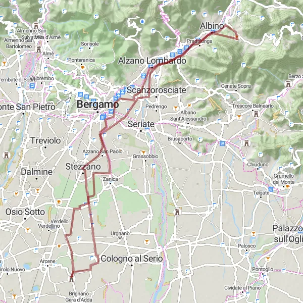 Miniatura della mappa di ispirazione al ciclismo "Giro in bicicletta Gravel da Lurano a Comun Nuovo e Gorle" nella regione di Lombardia, Italy. Generata da Tarmacs.app, pianificatore di rotte ciclistiche