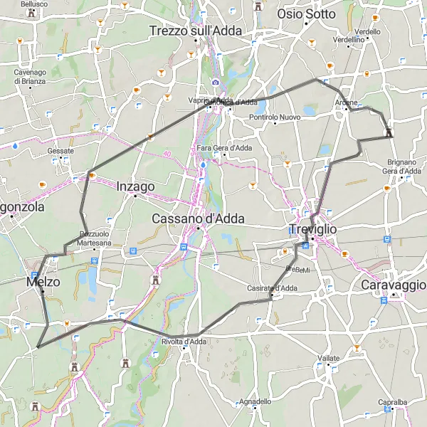 Miniatua del mapa de inspiración ciclista "Ruta a Casirate d'Adda y Melzo" en Lombardia, Italy. Generado por Tarmacs.app planificador de rutas ciclistas