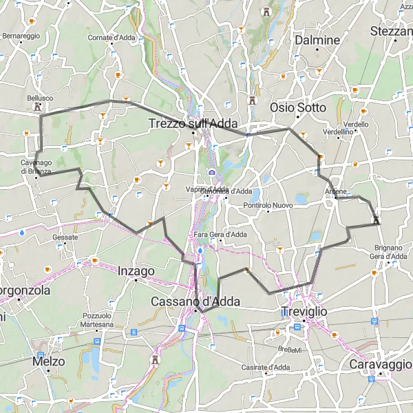 Kartminiatyr av "Rundresa till Arcene via Castel Rozzone och Cassano d'Adda" cykelinspiration i Lombardia, Italy. Genererad av Tarmacs.app cykelruttplanerare