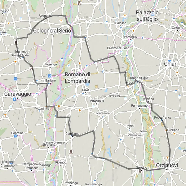 Kartminiatyr av "Landeveissykling til Pagazzano" sykkelinspirasjon i Lombardia, Italy. Generert av Tarmacs.app sykkelrutoplanlegger