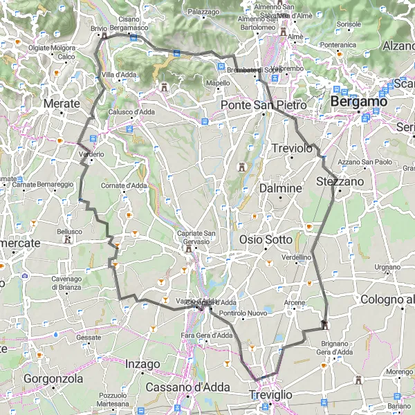 Miniature de la carte de l'inspiration cycliste "Lurano - Castel Rozzone - Basiano - Monte Robbio - Brivio - La Vena - Ponte San Pietro" dans la Lombardia, Italy. Générée par le planificateur d'itinéraire cycliste Tarmacs.app