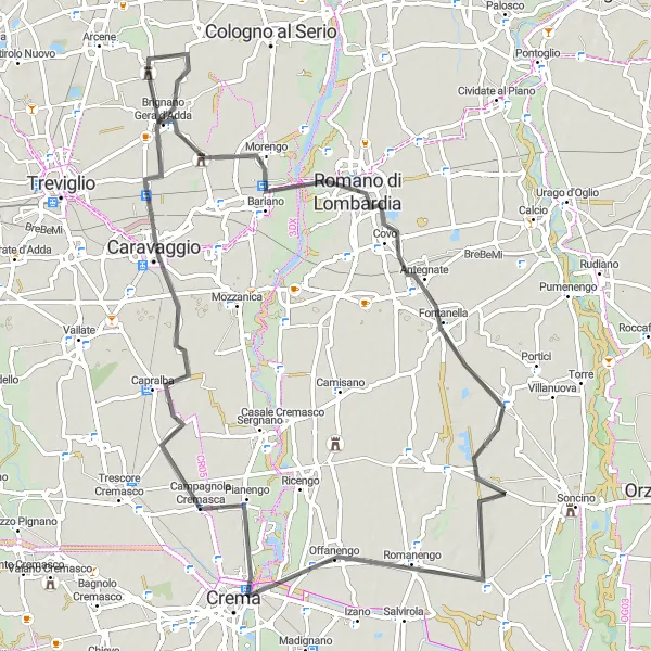 Miniature de la carte de l'inspiration cycliste "Les Trésors de Crema" dans la Lombardia, Italy. Générée par le planificateur d'itinéraire cycliste Tarmacs.app