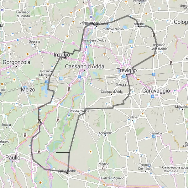 Map miniature of "Arzago d'Adda Ride" cycling inspiration in Lombardia, Italy. Generated by Tarmacs.app cycling route planner
