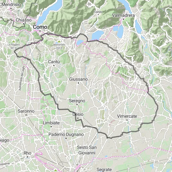 Zemljevid v pomanjšavi "Razgledna kolesarska pot z zahtevnimi vzponi" kolesarske inspiracije v Lombardia, Italy. Generirano z načrtovalcem kolesarskih poti Tarmacs.app