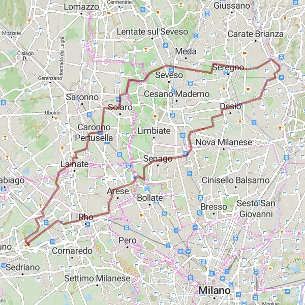 Mapa miniatúra "Gravelová trasa cez Senago, Vanzago, Seveso a Sovico" cyklistická inšpirácia v Lombardia, Italy. Vygenerované cyklistickým plánovačom trás Tarmacs.app