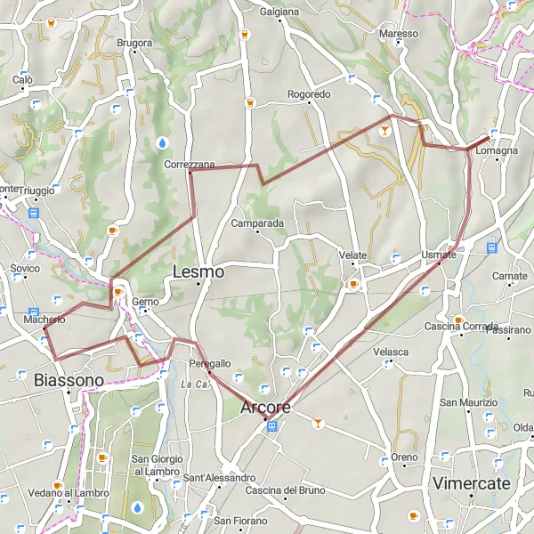 Mapa miniatúra "Gravel Lesmo Biassono" cyklistická inšpirácia v Lombardia, Italy. Vygenerované cyklistickým plánovačom trás Tarmacs.app