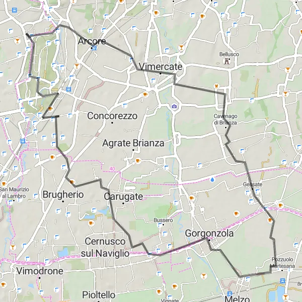 Miniatura della mappa di ispirazione al ciclismo "Giro in bicicletta da Arcore a Villasanta" nella regione di Lombardia, Italy. Generata da Tarmacs.app, pianificatore di rotte ciclistiche