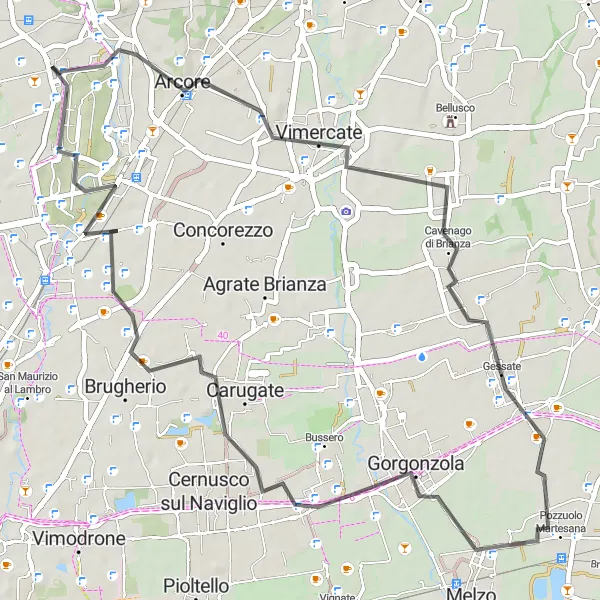 Map miniature of "Macherio Loop: Arcore to Villasanta" cycling inspiration in Lombardia, Italy. Generated by Tarmacs.app cycling route planner