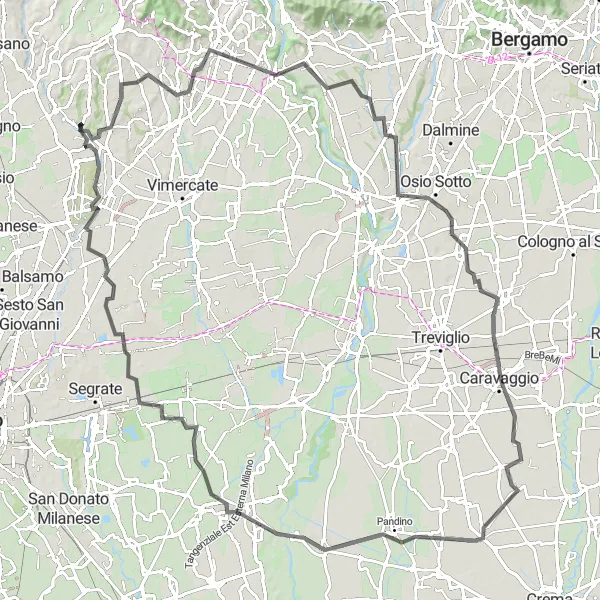 Miniatura della mappa di ispirazione al ciclismo "Cicloturismo tra Lesmo e Villasanta" nella regione di Lombardia, Italy. Generata da Tarmacs.app, pianificatore di rotte ciclistiche