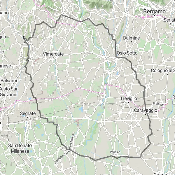 Zemljevid v pomanjšavi "Cestna pot Lesmo - Monte Robbio - Solza - Brembate - Brignano Gera d'Adda - Zelo Buon Persico - Pioltello - Villasanta" kolesarske inspiracije v Lombardia, Italy. Generirano z načrtovalcem kolesarskih poti Tarmacs.app