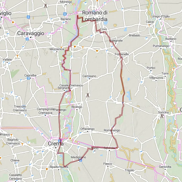 Mapa miniatúra "Gravelová trasa cez Romanengo" cyklistická inšpirácia v Lombardia, Italy. Vygenerované cyklistickým plánovačom trás Tarmacs.app