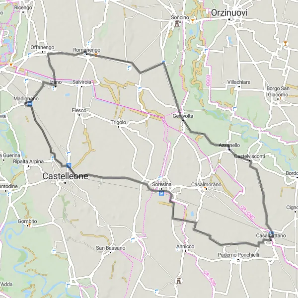 Miniature de la carte de l'inspiration cycliste "Parcours à vélo de 60 km autour de Madignano" dans la Lombardia, Italy. Générée par le planificateur d'itinéraire cycliste Tarmacs.app