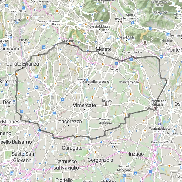 Map miniature of "Madone to Trezzo sull'Adda Loop" cycling inspiration in Lombardia, Italy. Generated by Tarmacs.app cycling route planner